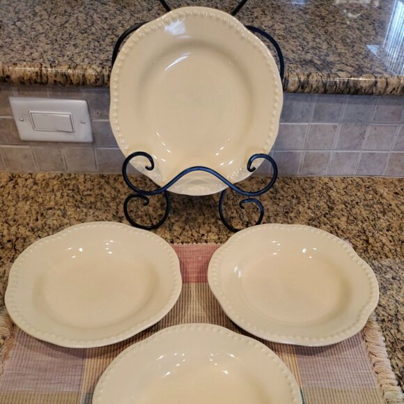 POTTERY BARN Yellow Beaded Rimmed Soup Salad Bowls “EMMA” Portugal ~ 4 piece - Picture 1 of 5